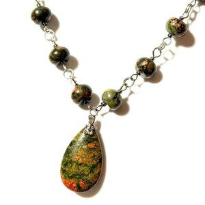 Genuine Jungle Green Unakite Necklace, Natural Gemstone Pendant Necklace